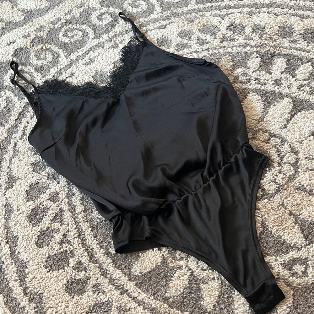 Say What? lace-trim bodysuit, black, size L NWT!